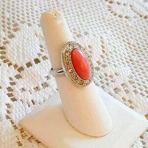 Avon Oval Faux Coral Ring 6.5 Silver Tone Pave' Rhinestone Trim with Ring Guard